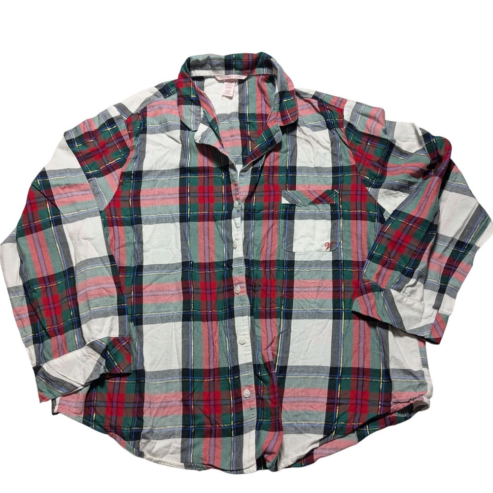Victoria's Secret Flannel Pajama Top XL Red Green Plaid Gold Metallic Lurex